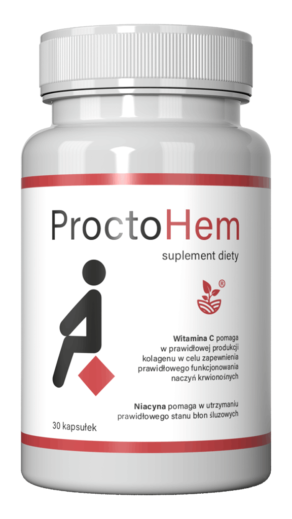 Texto Alternativo (Alt Text): Butelka suplementu diety ProctoHem, zawierającego Witaminę C i Niacynę, wspierającego walkę z hemoroidami i poprawiającego stan błon śluzowych.