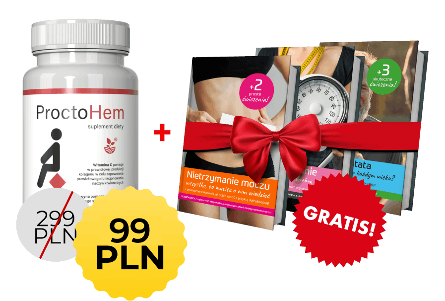 Zestaw promocyjny Proctohem z trzema darmowymi e-bookami, przewiązany czerwoną wstążką.